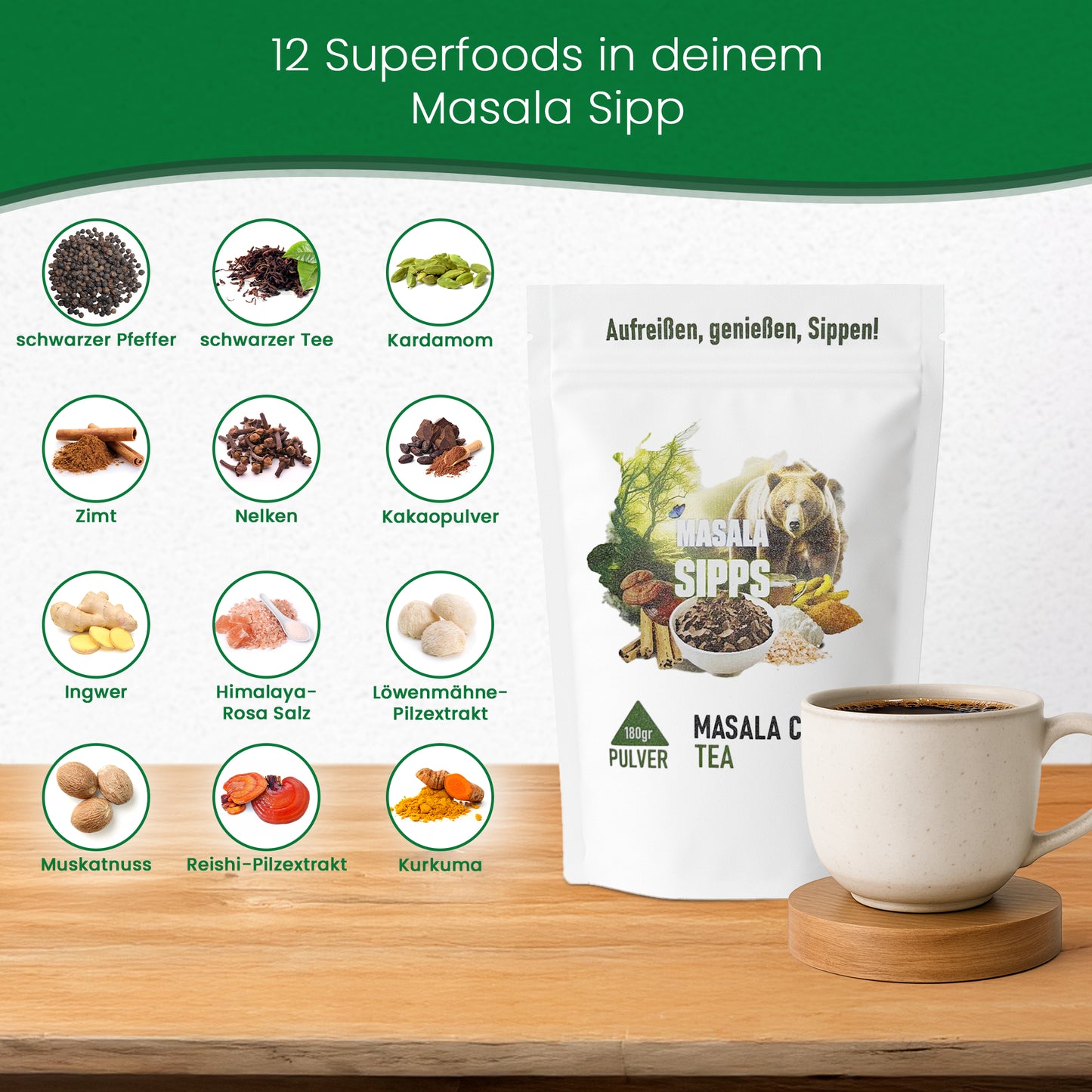 Pilzkakao mit Kurkuma, Ingwer & Muskatnuss